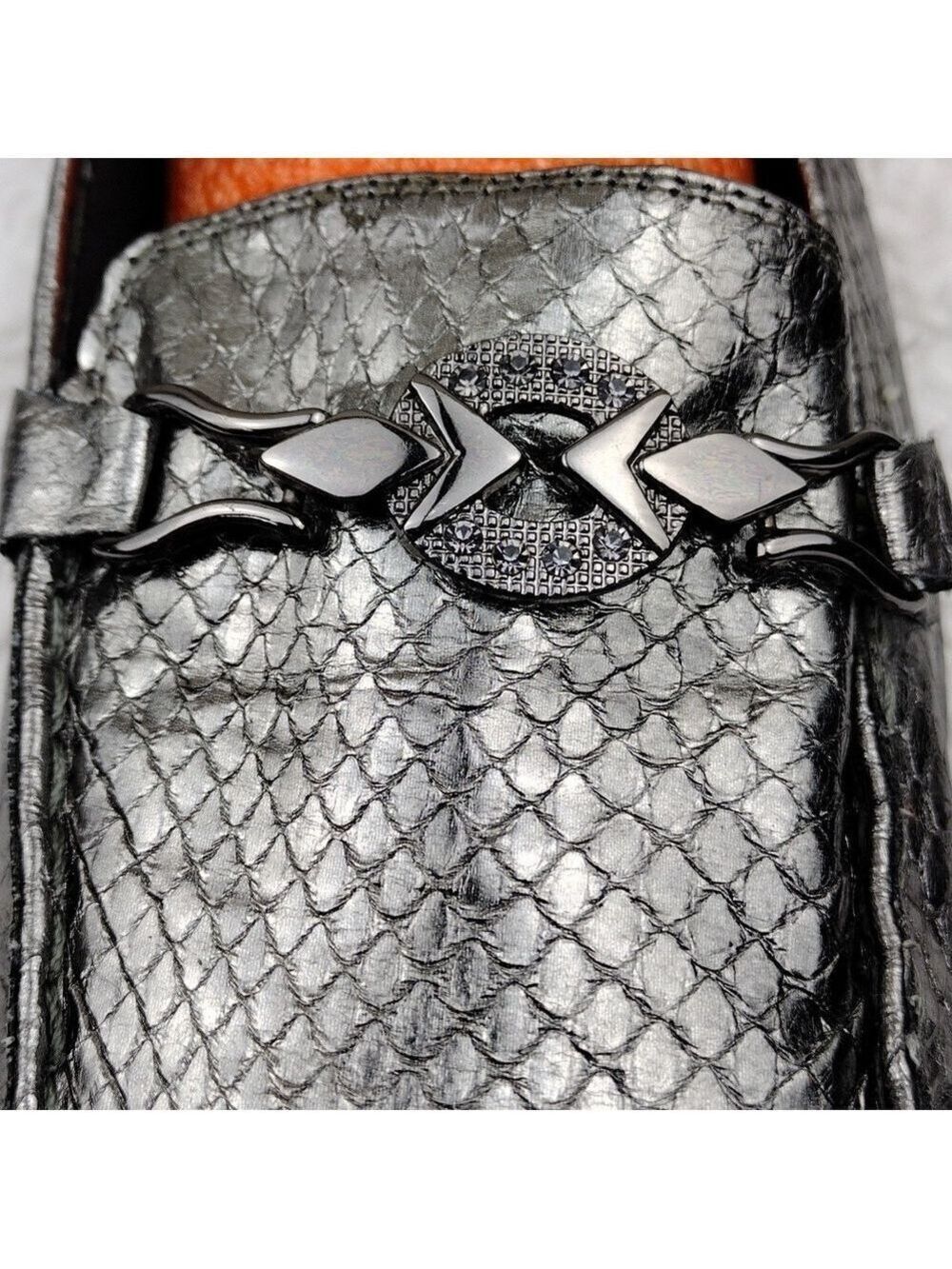 Bellini Abagail Silver Metallic Snakeskin Design Square Toe Low Wedged Heel Shoe - Picture 12 of 16